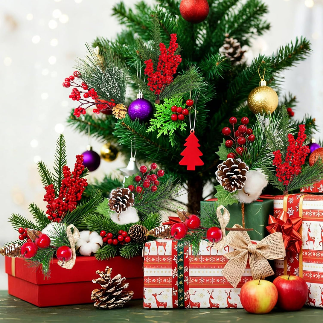 Morofme Künstliche Tannenzweige mit Rote Beeren Deko 6 Stück, Weihnachtszweige mit Tannenzapfen, Bau