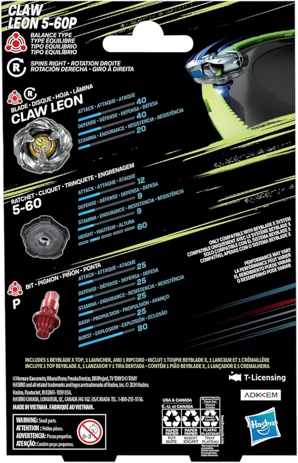 Beyblade X Claw Leon 5-60P Starter Pack Set, Balance Type Rechtsdrehendes Top und Launcher, Kampfspi