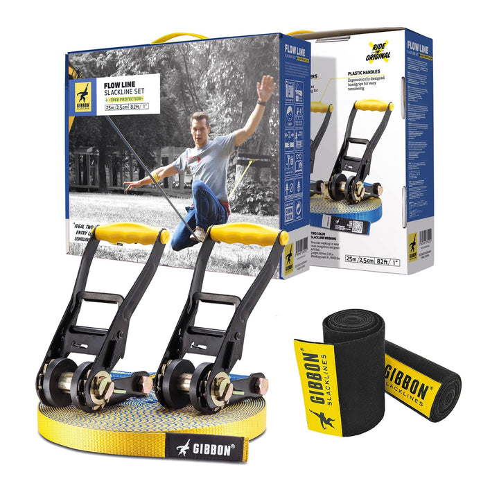 Gibbon Slacklines FlowLine | 1 Zoll / 2,5cm Band | Anfänger & Fortgeschrittene | Doppelratsche & Spa