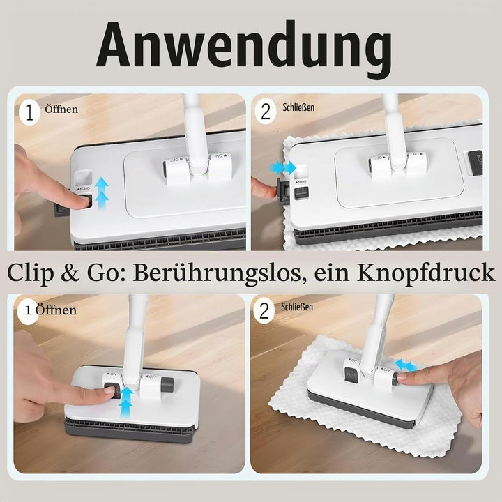 Wischmopp mit Druck-Klemm-System mit Mini Mop 120cm 2-in-1 kontaktlos Mop Leichtgängiges Schnappklem