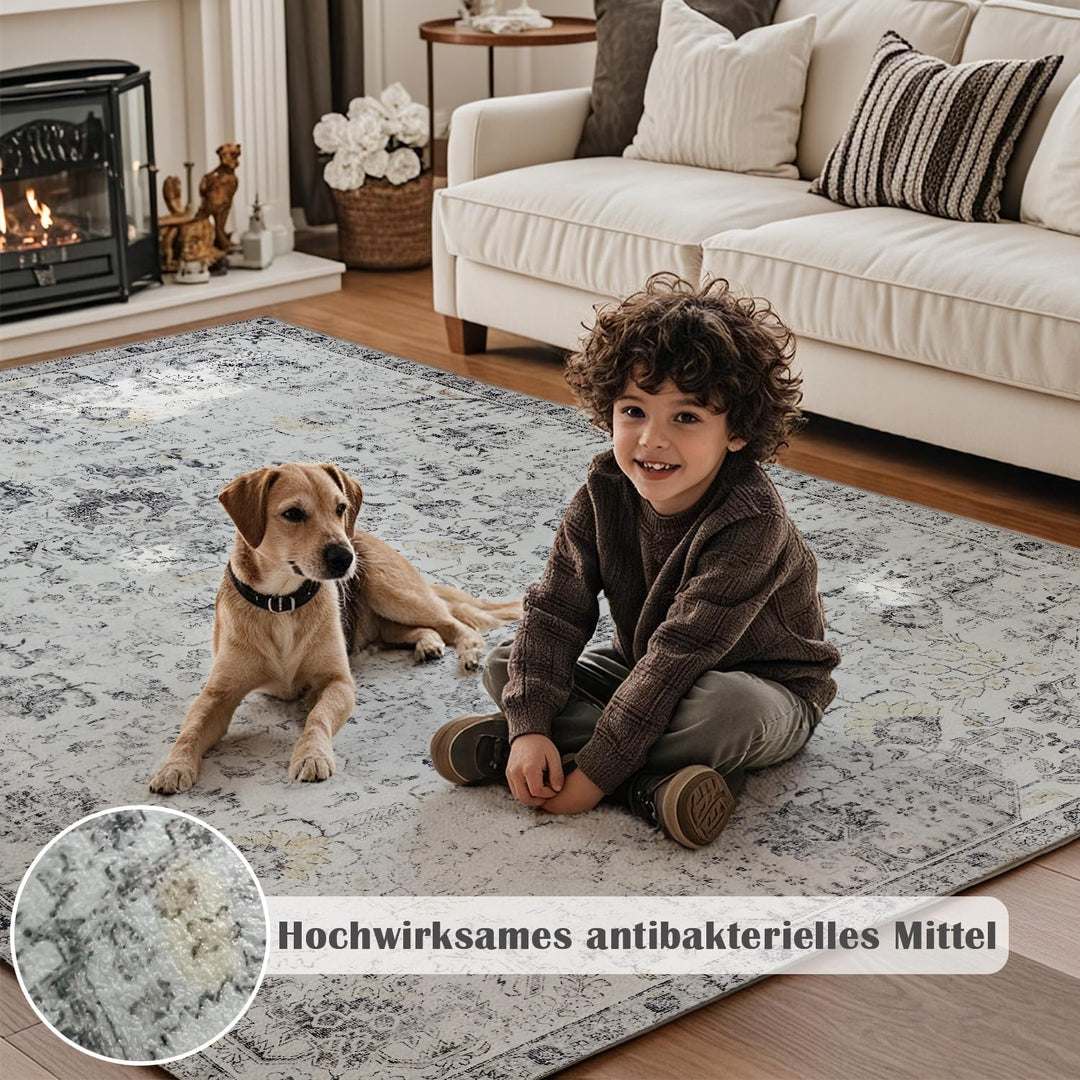 TOPICK Teppich Fussmatte Waschbar Fussmatte Innen Aussen Kurzflor Retro Grau Blume Orientalischer Te