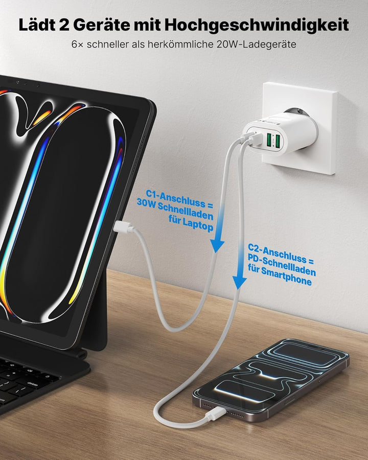 USB C Stecker, 2-Pack 4-Ports USB Ladegerät Mehrfach Ladestecker 60W Power Adapter PD 3.0 Schnelllad