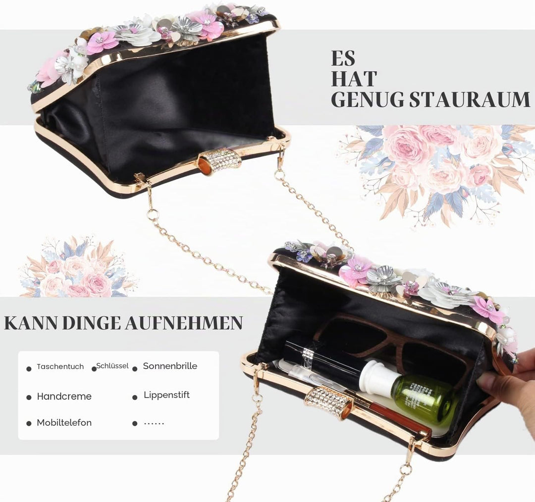 Fecialy Blumen-Clutch-Abendtaschen für Damen mit bunten Blumen-Metall-Strasssteinen Abend-Clutch-Gel