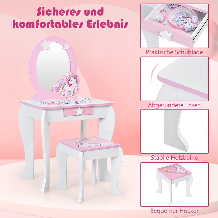 DREAMADE Kinder Schminktisch mit Hocker & Abnehmbarer Spiegel, Frisiertisch für Kinder, Frisierkommo