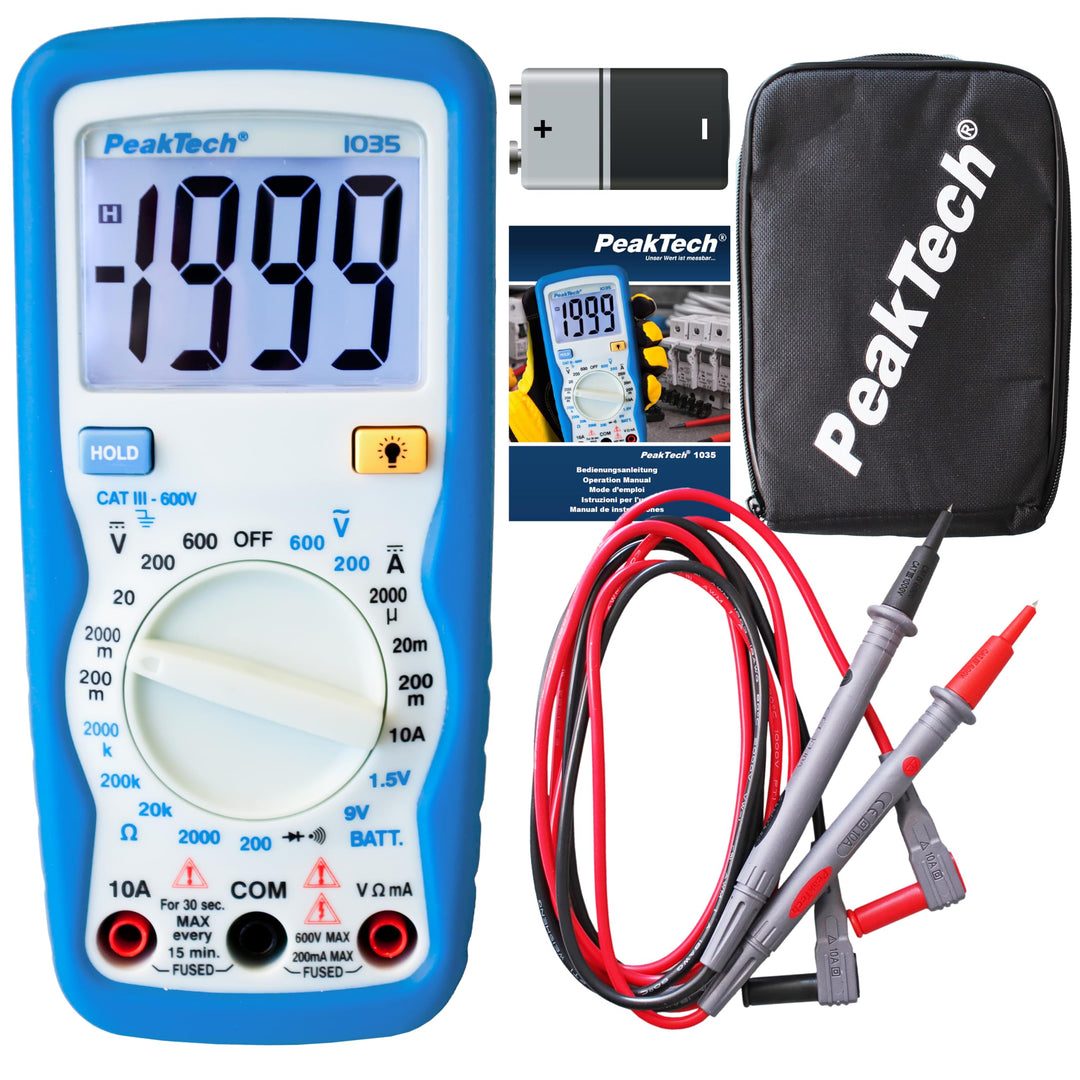 PeakTech Kompaktes Digital-Multimeter P1035 zur Messung von Spannung, Gleichstrom und Widerstand, Bl