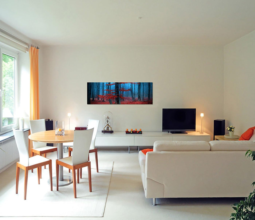 Paul Sinus Art Panoramabild auf Leinwand und Keilrahmen 150x50cm Wald Bäume Laub Herbst Nebel