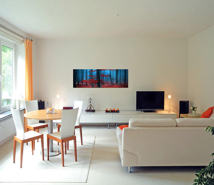 Paul Sinus Art Panoramabild auf Leinwand und Keilrahmen 150x50cm Wald Bäume Laub Herbst Nebel