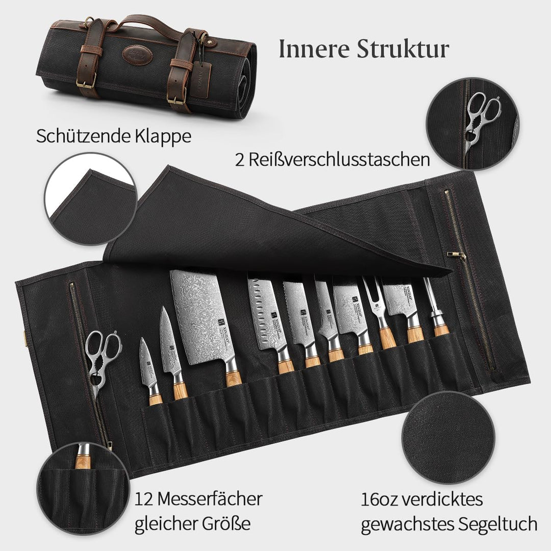 XINZUO Messertasche, Profi Koch Rolltasche, Universal Etui für Koch 12 Slots, 16oz gewachstes Segelt