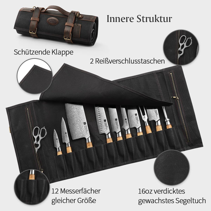 XINZUO Messertasche, Profi Koch Rolltasche, Universal Etui für Koch 12 Slots, 16oz gewachstes Segelt