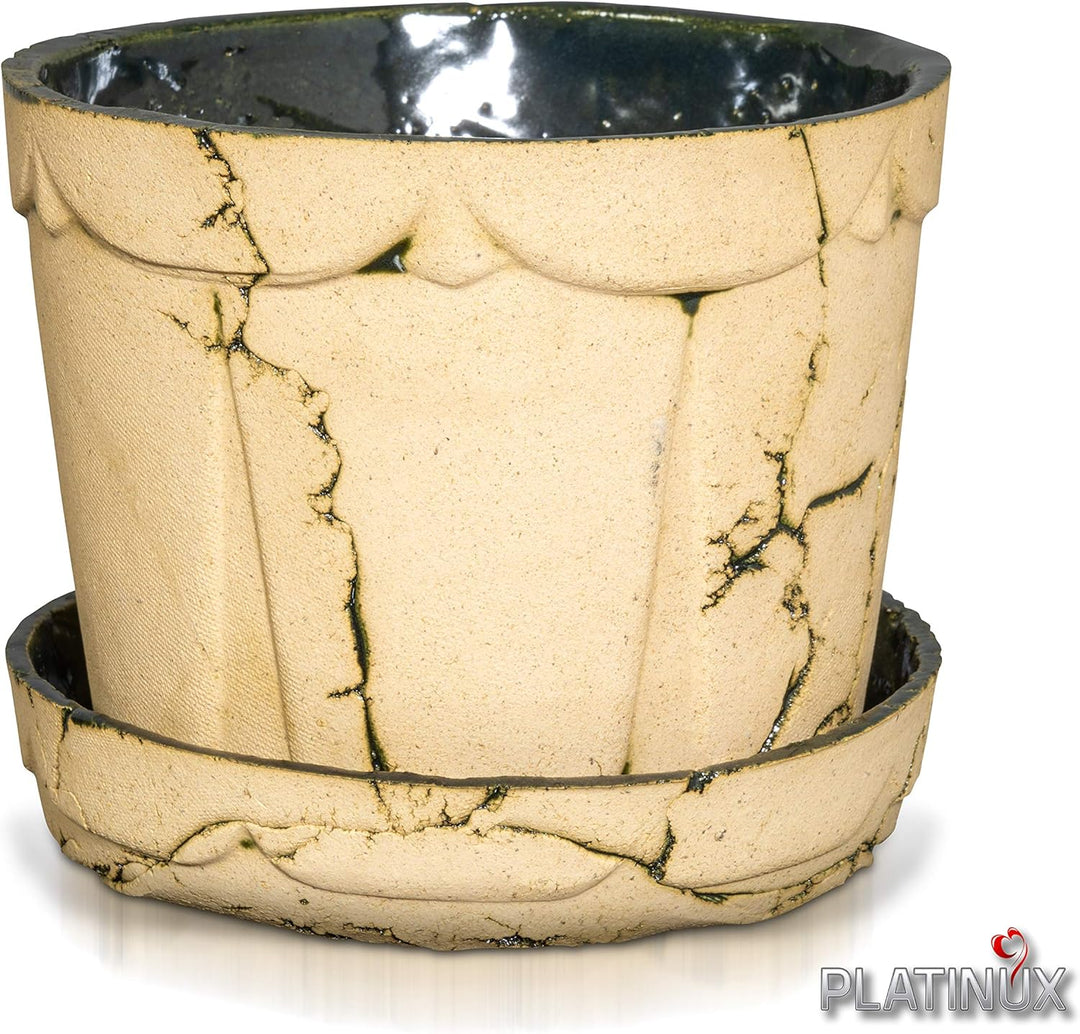 PLATINUX Steingut Blumentopf mit Untersetzer & Abflussloch 18,6x15,7cm Blumenkübel Steinoptik Grün G
