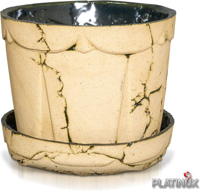 PLATINUX Steingut Blumentopf mit Untersetzer & Abflussloch 18,6x15,7cm Blumenkübel Steinoptik Grün G