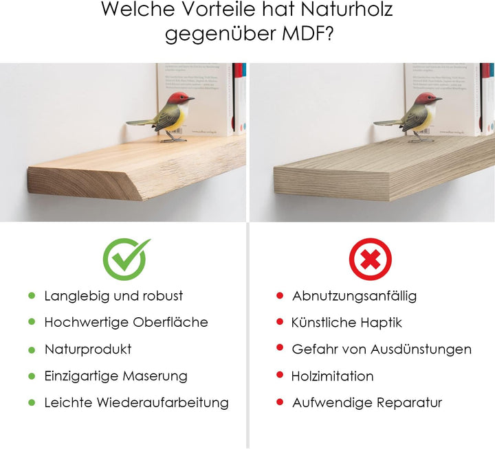 Rikmani Wandregal Holz Eiche massiv dunkel - Handgefertigtes Regal mit Baumkante Bücherregal Holzreg
