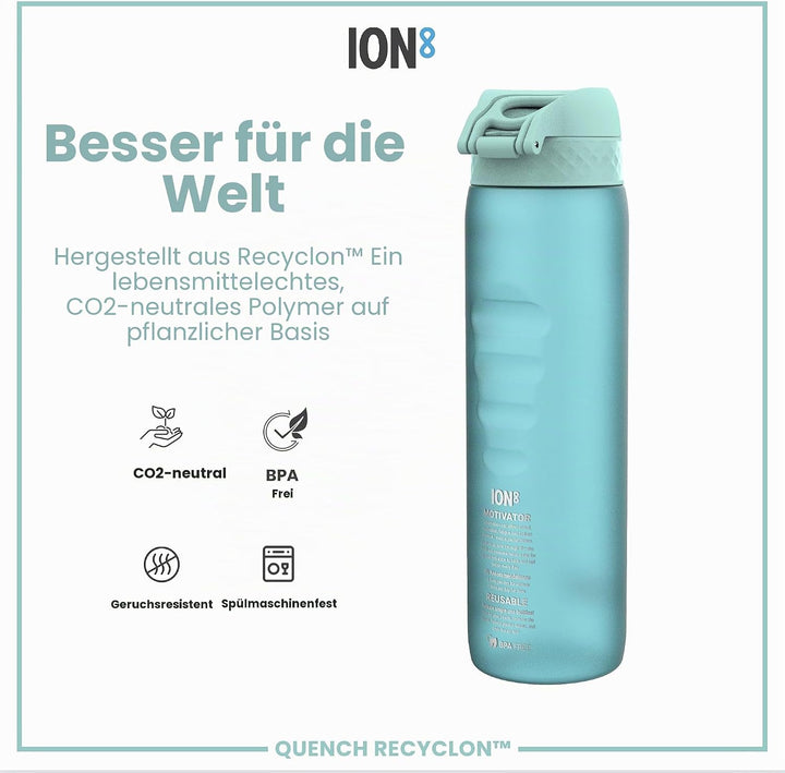 ion8 1 Liter Trinkflasche mit Zeitmarkierungen, Auslaufsicher, Einhandöffnung, Sichere Verriegelung,
