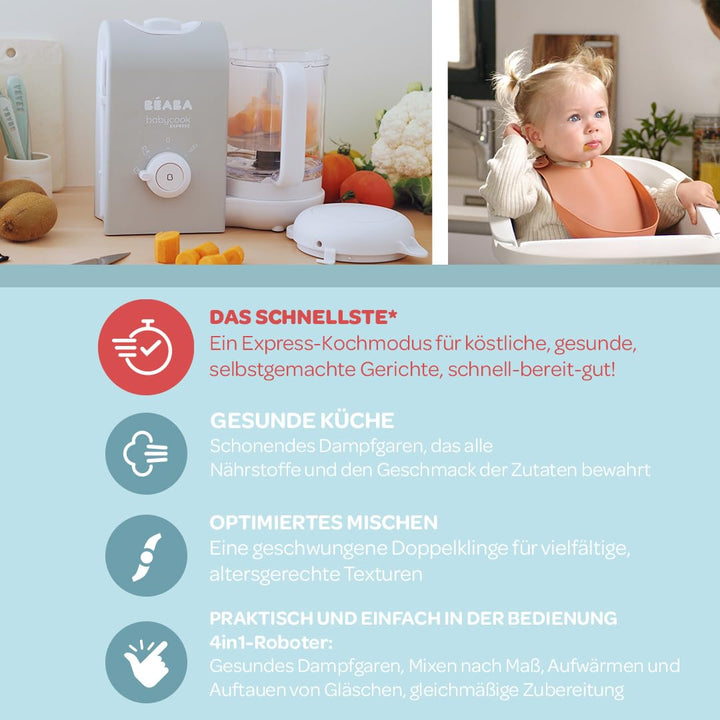 BEABA, Babycook Express, Baby Robot 4 in 1 Mixer/Standmixer, 15 Min. schnelles Kochen, Mixen nach Ma