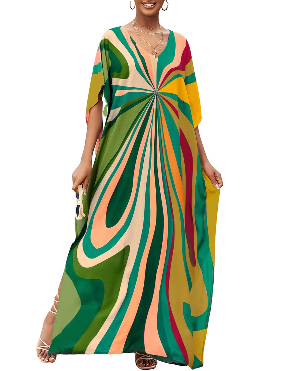 Bsubseach Damen Strandkleid Ethnic Print Kaftan Beach Maxi Kleider Grüne Geometrie, Grüne Geometrie
