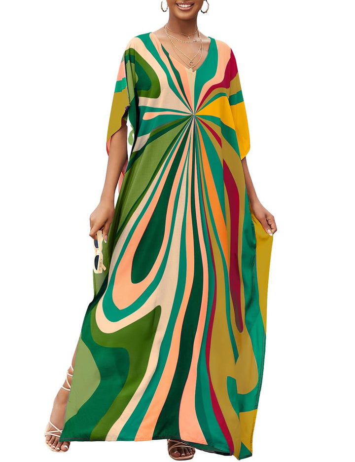 Bsubseach Damen Strandkleid Ethnic Print Kaftan Beach Maxi Kleider Grüne Geometrie, Grüne Geometrie