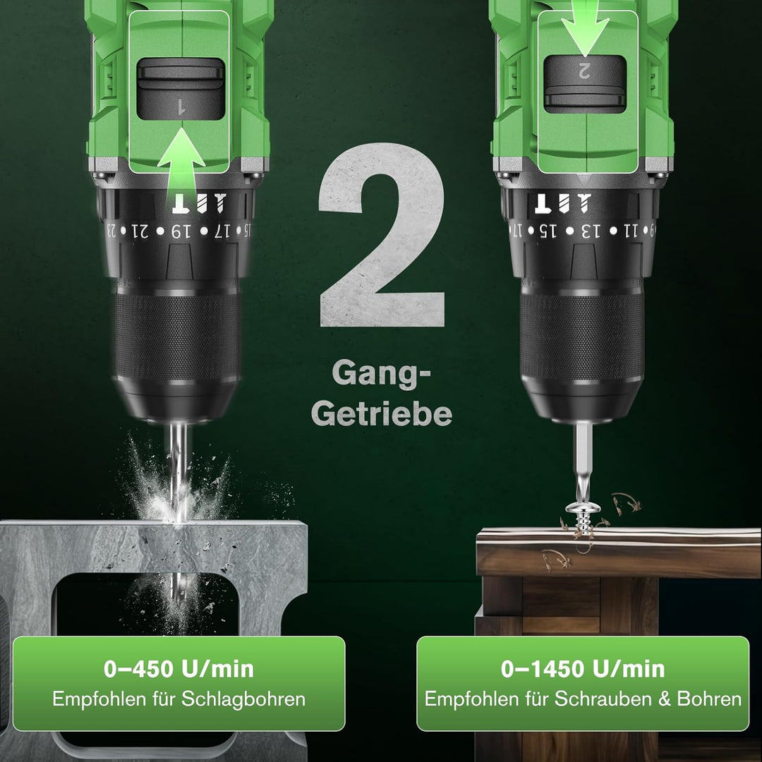 Ginour 21V Bürstenlos Akku Schlagbohrschrauber Set inkl. 2x2.0Ah Akku, 50 Nm Bohrschrauber, 23+3 Dre