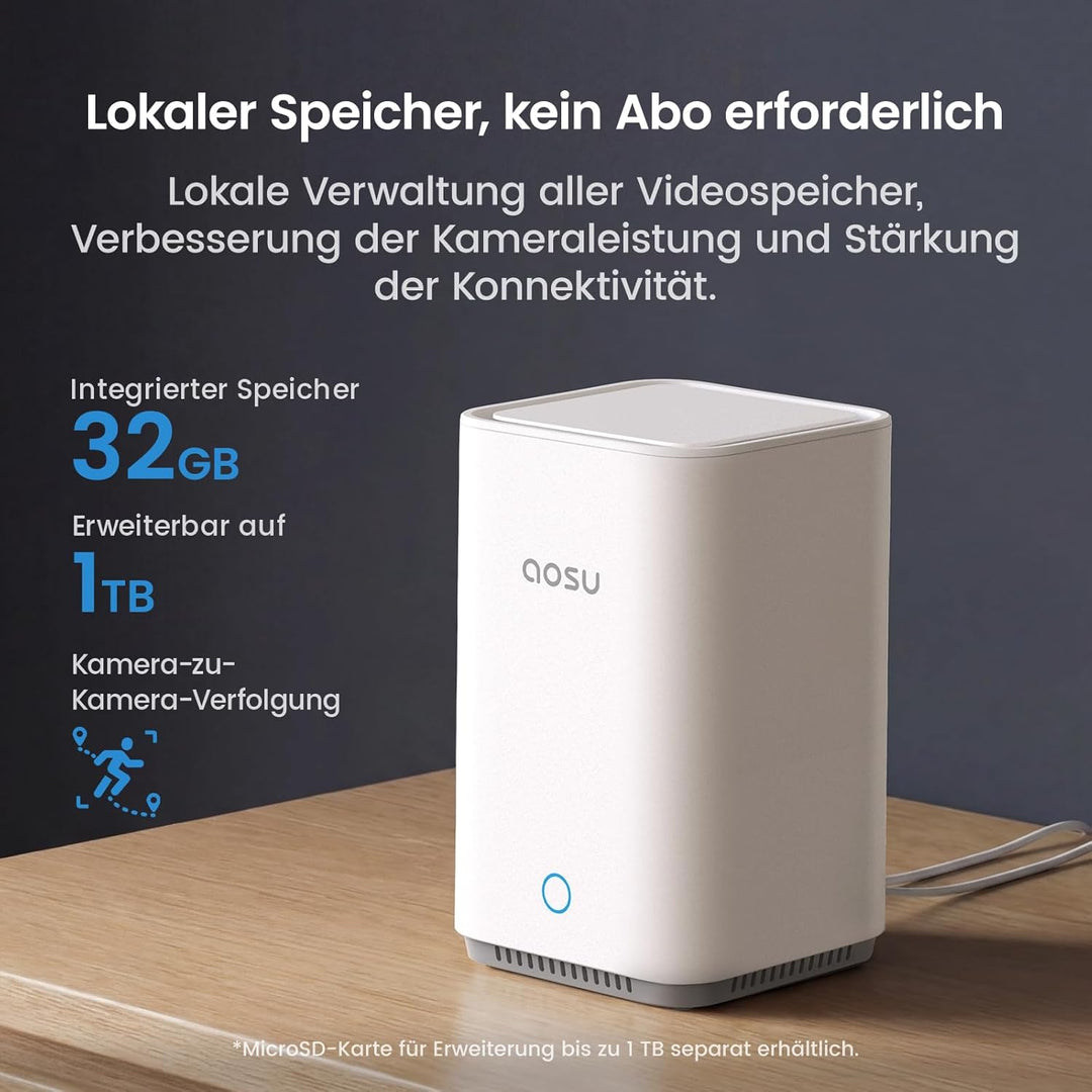 aosu 2K Überwachungskamera Aussen Akku 2er-Kit mit Aosubase 2.0 ohne ABO 32GB Lokal Speicher Kabello