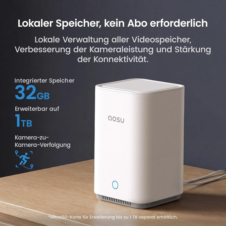 aosu 2K Überwachungskamera Aussen Akku 2er-Kit mit Aosubase 2.0 ohne ABO 32GB Lokal Speicher Kabello