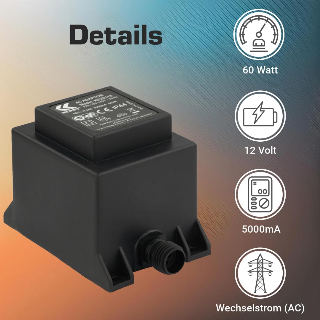 KERRY ELECTRONICS 12V Trafo 60VA/W, AC/AC Wechselstrom, für den Aussenbereich IP44 u.a. für LED-Bele