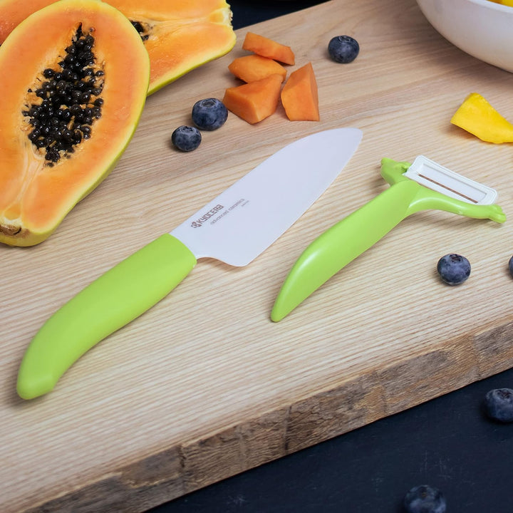 Kyocera Cut&Peel Set, Santokumesser (Klinge: 14 cm) mit Sparschäler, grüner Griff Grün Cut & Peel Se