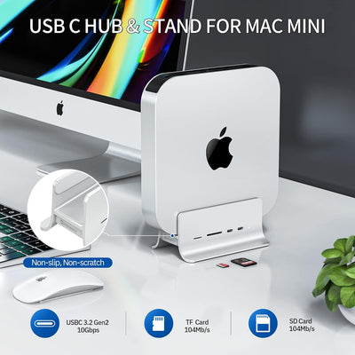 USB C Hub for Mac Mini, minisopuru Mac Mini Hub Supports M.2 NVMe/SATA SSD, 5-in-1 Mac Mini Stand &