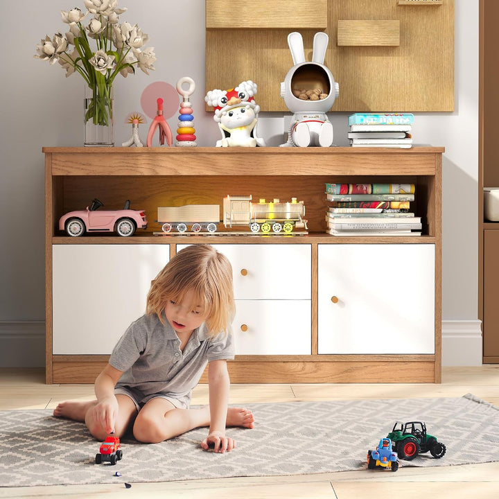 COSTWAY Spielzeugschrank Kinder, Kinderregal aus Holz, Kinderschrank mit 2 Schubladen & 2 Türen, Spi