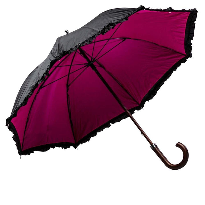 LUCKYWEATHER Regenschirm Stockschirm Damen Rüschenschirm schwarz/pink Holzstock Double Layer I Stock