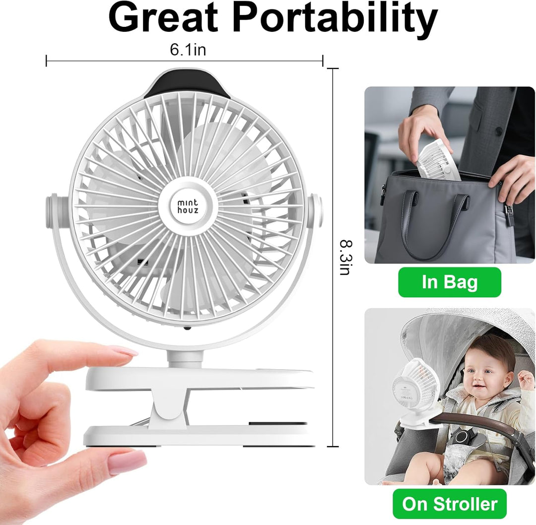 Minthouz Tischventilator mit Clip, 8000mAh USB Ventilator, 5 Geschwindigkeiten Tragbarer Mini Ventil