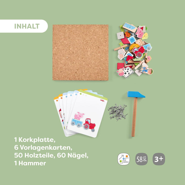 HABA Hammer-Nagelspiel: Bauernhof – Holzspielzeug mit Hammer und Nägel für Kinder ab 3 Jahren – Krea