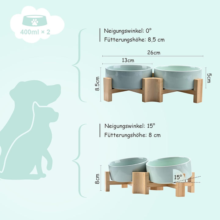 SPUNKYJUNKY 15° Kippbare Keramik Hundenapf mit Holzständer Futter und Wassernapf rutschfest für Hund