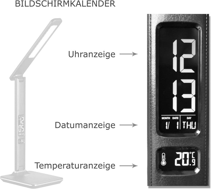 @tec Dimmbare LED Schreibtischlampe in Lederoptik mit Display für Datums, Uhrzeit, Temperatur - schw