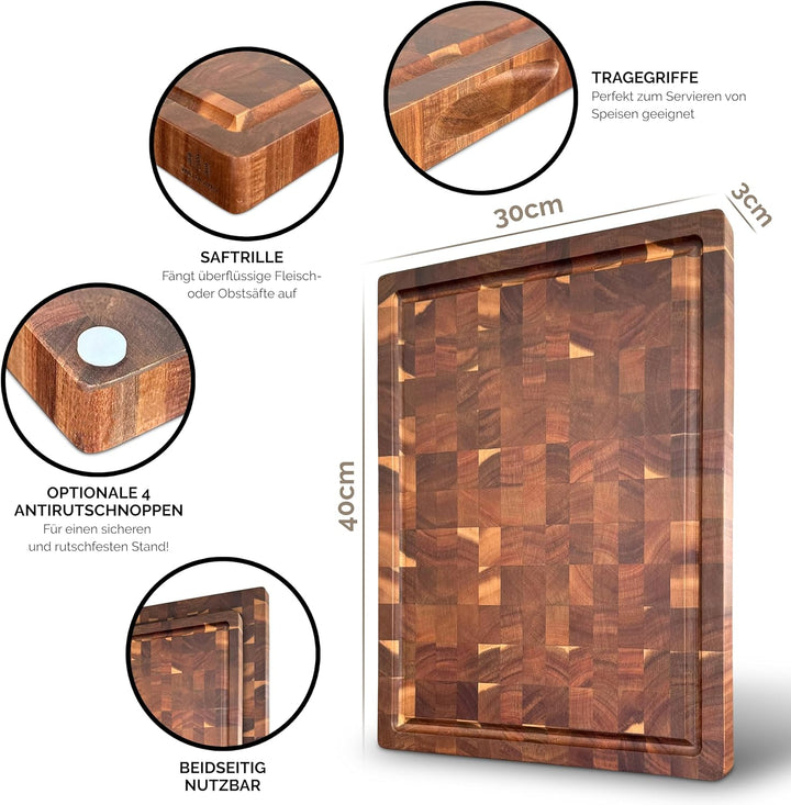 WALDLAND Premium Schneidebrett Holz Gross 40 x 30 x 3 cm I aus robustem Akazienholz I Holzbrett Küch
