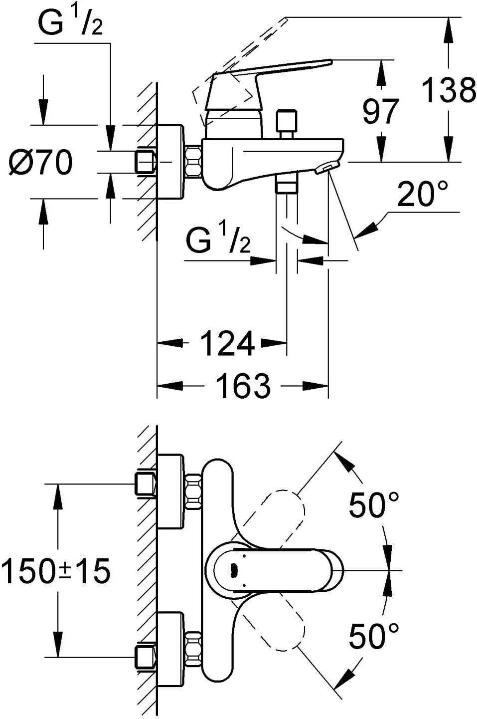 GROHE Eurosmart Cosmopolitan - Einhand-Wannenbatterie (langlebige Oberfläche, Wandmontage, S- Anschl