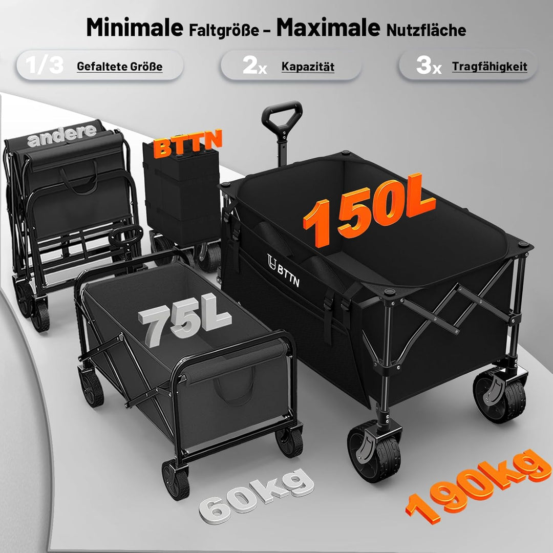BTTN Bollerwagen faltbar 150L, Handwagen bis 190 kg Traglast, Klappwagen mit grossen 15 × 6 cm Gelän
