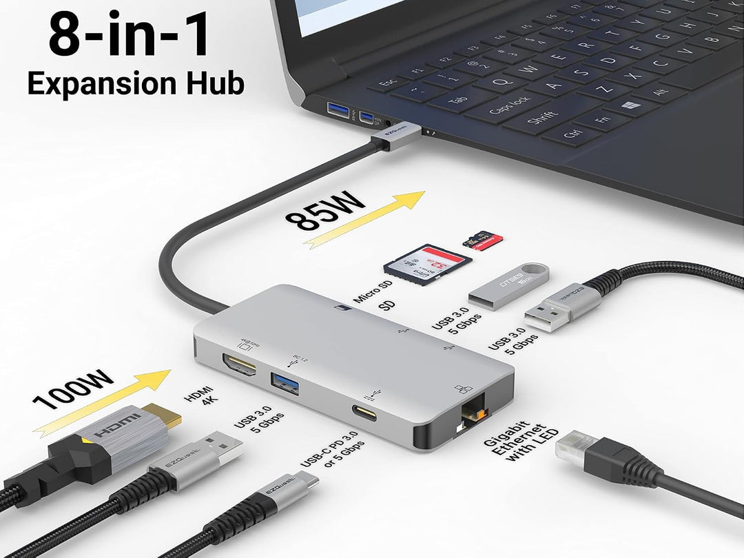 EZQuest USB-C Multimedia Hub Adapter 8 Anschlüsse (HDMI 4K 30Hz, 100W USB-C PD 3.0, Gigabit Ethernet