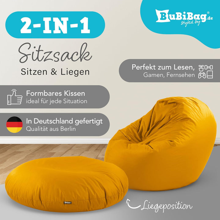 BuBiBag 2in1 Sitzsack L - XXL mit Füllung für Kinder &amp; Erwachsene, Gaming Beanbag &amp; Bodenkissen für