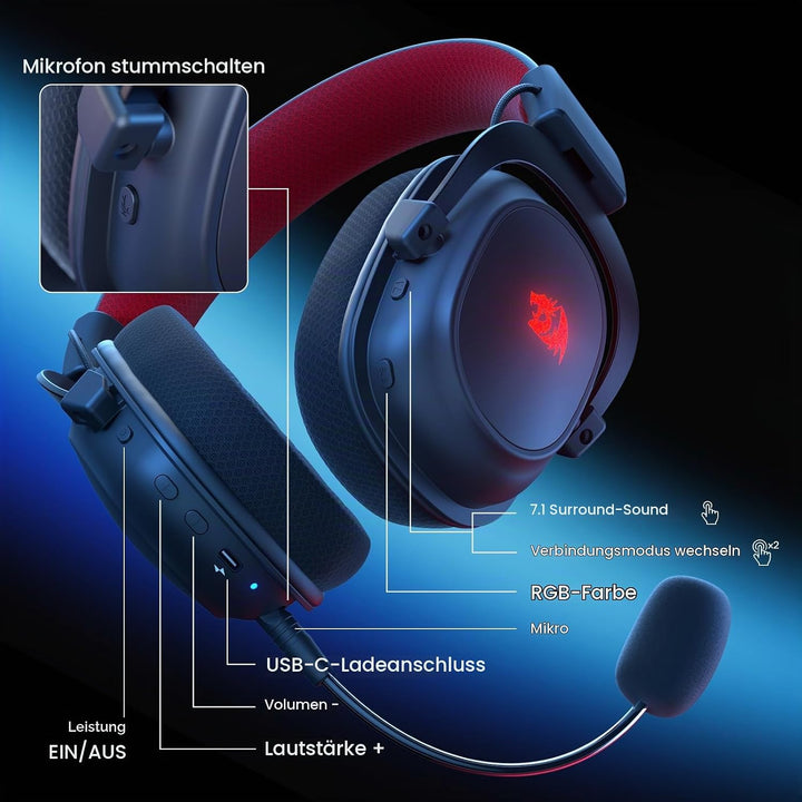 Redragon H510 Zeus-X RGB Kabelloses Gaming-Headset – 7.1 Surround Sound – 53 mm Audio-Treiber-Ohrpol