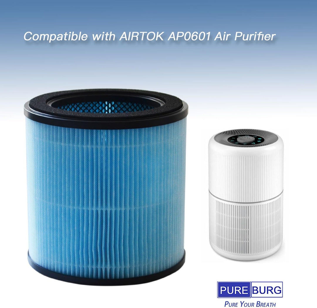 PUREBURG Ersatz-Filter kompatibel mit AIRTOK AP0601 Luftreiniger AP0601-RF, 2er-Pack H13 True HEPA 3