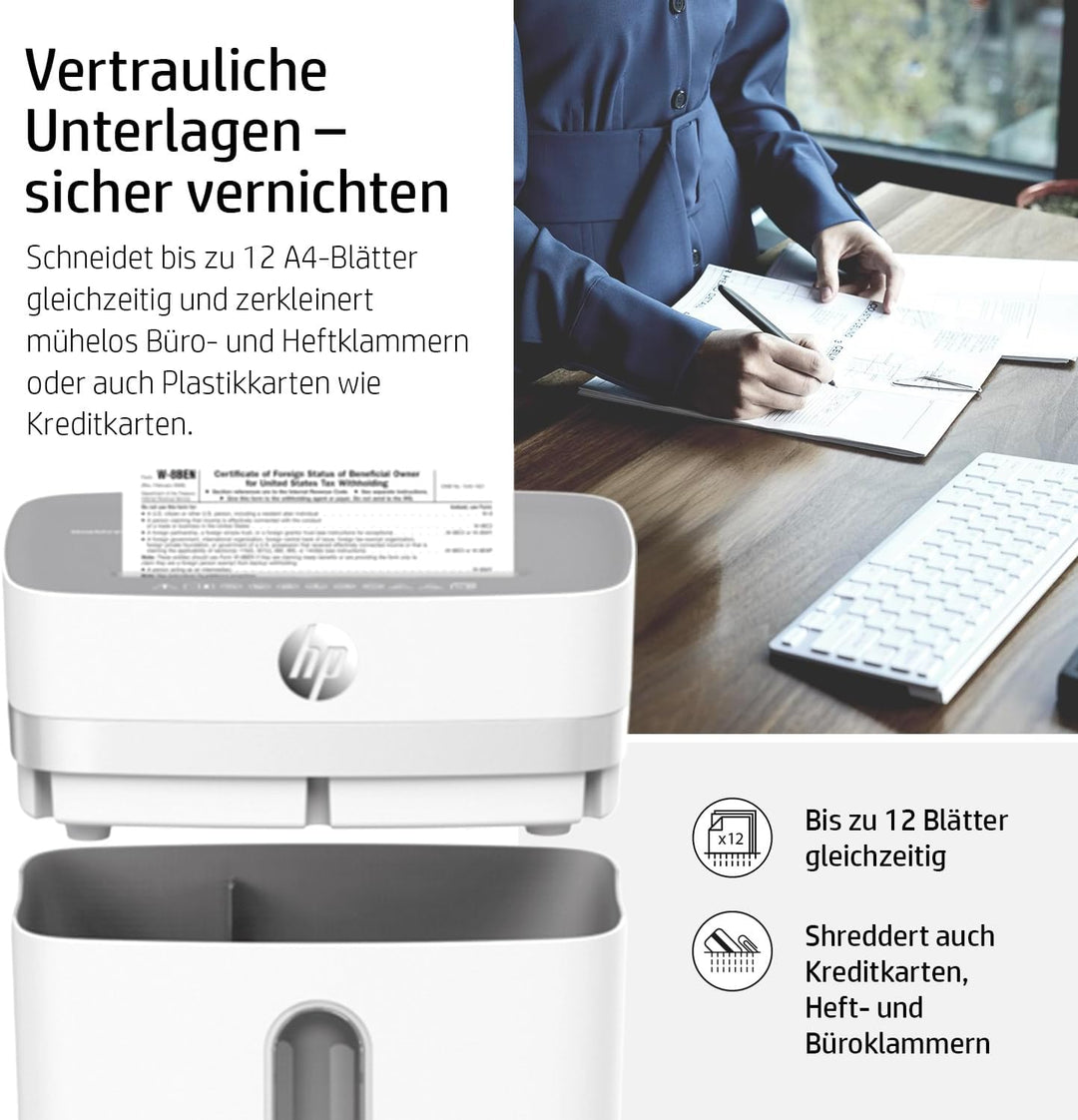 HP OneShred 12CC, Aktenvernichter, Sicherheitsstufe P-4, Cross Cut, 12 Blatt, 2802 weiss 12 Blatt Cr