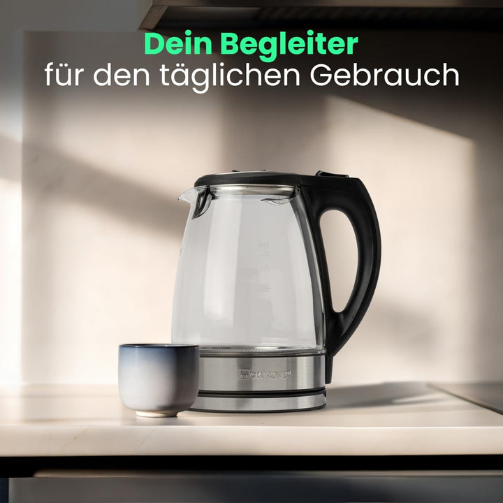 Clatronic® Wasserkocher Edelstahl 1,7 Liter | BPA frei | Glaswasserkocher | 2200W | Sicherheitsglas