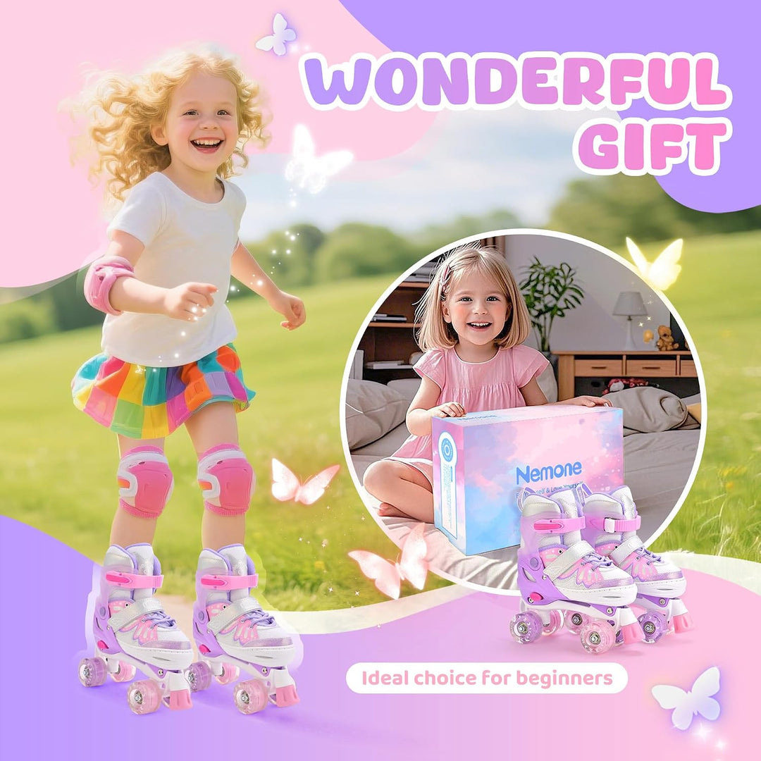 NEMONE Rollschuhe für Mädchen Kinder 4 Grössen Verstellbar Blau Violett Rollschuhe für Kinder Drinne