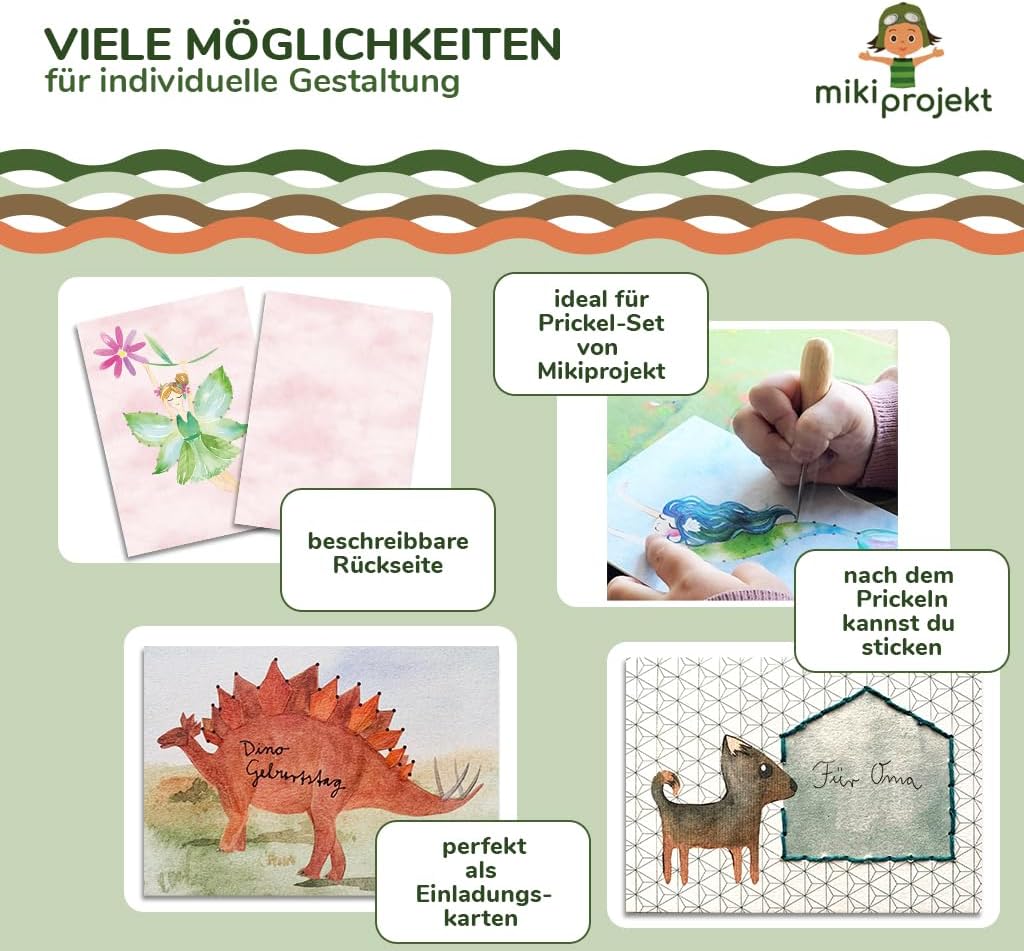 mikiprojekt® Prickelbilder Premiumqualität, Naturkarton - ab 4 Jahren mit Garn - Ausnähkarten – made