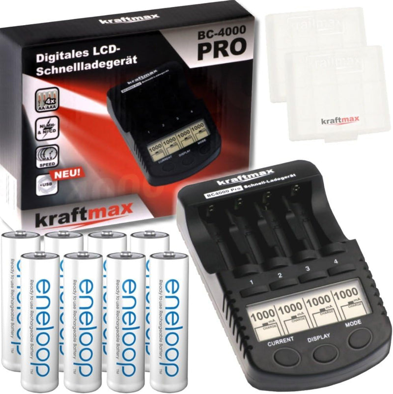 Kraftmax Kombipack - Kraftmax BC-4000 Pro Ladegerät und 8X Pansonic Eneloop AA/Mignon Akkus - Neuest