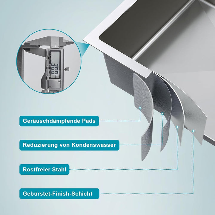 Spülbecken 60 x 50 cm, KEOKBON Nanosilber Spüle Küche Edelstahl 1 Becken, edelstahlspüle mit Hahnloc