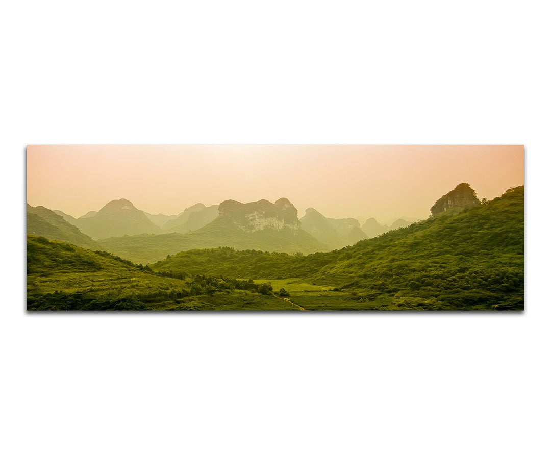 Paul Sinus Art Panoramabild auf Leinwand und Keilrahmen 150x50cm Berge Wald Natur Nebel Morgendämmer