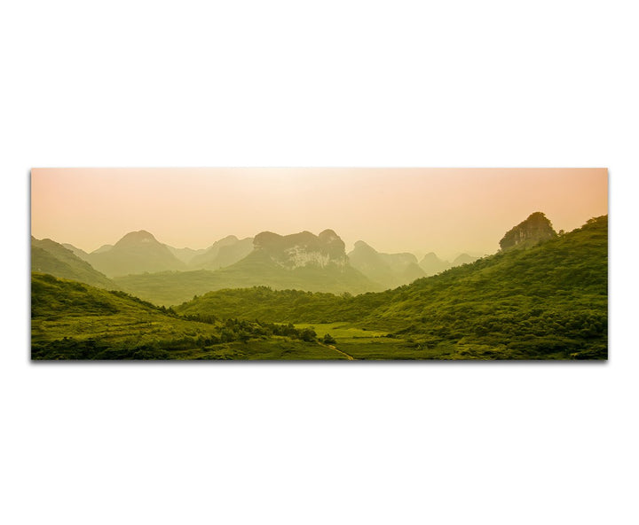 Paul Sinus Art Panoramabild auf Leinwand und Keilrahmen 150x50cm Berge Wald Natur Nebel Morgendämmer