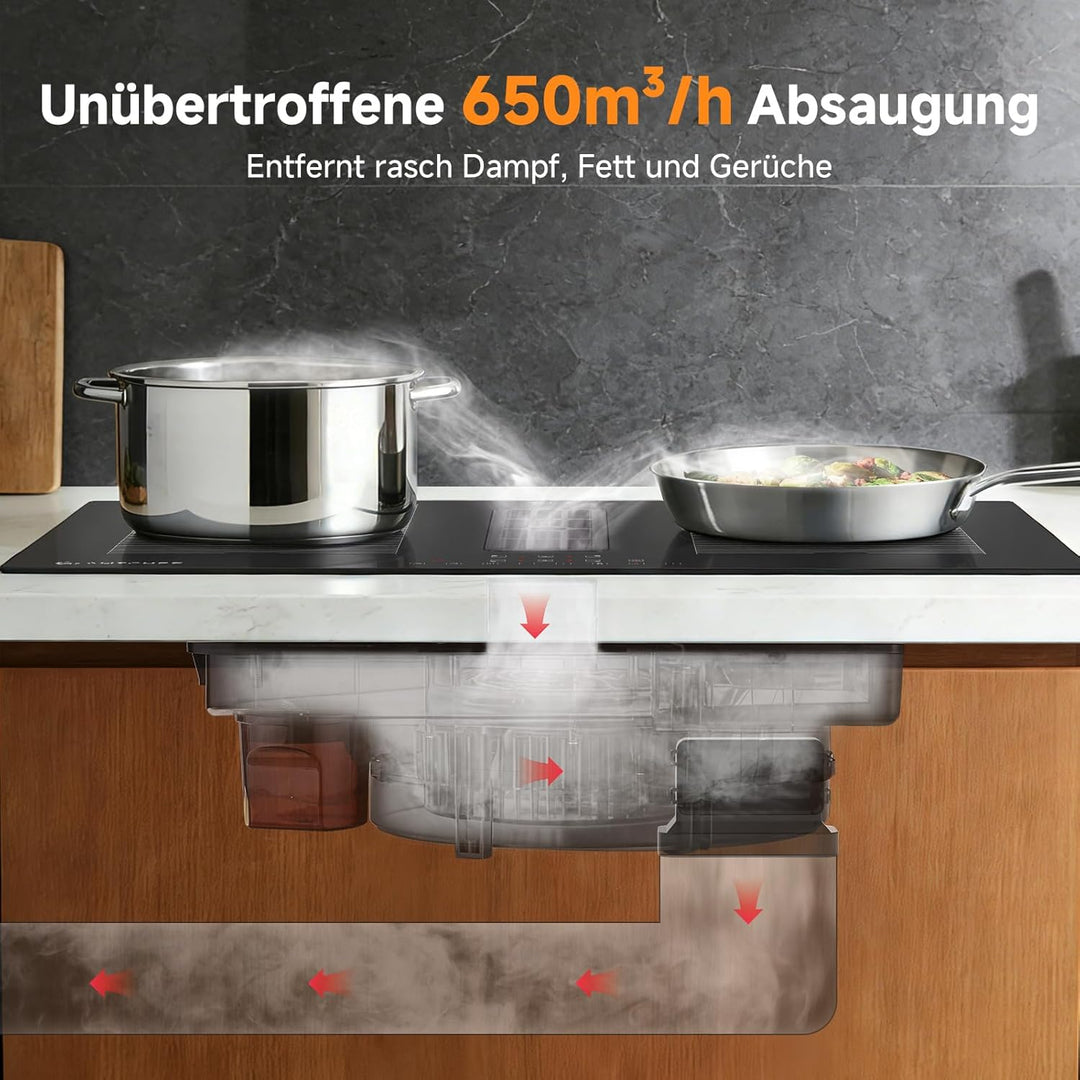 AMZCHEF Induktionskochfeld mit integriertem Dunstabzug 7200W, 4 Kochzonen, Autarkes Muldenlüfter-Koc