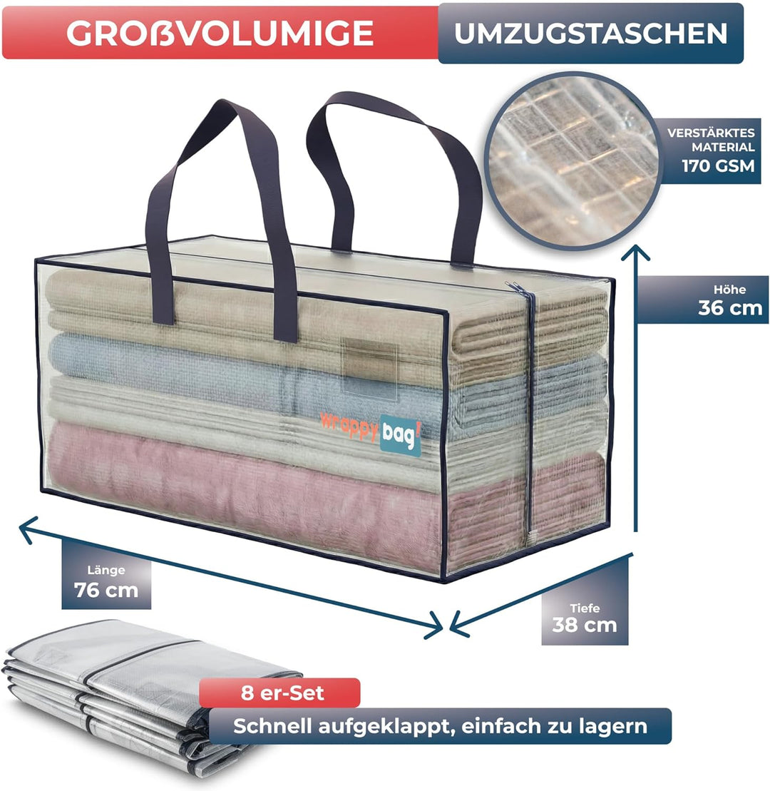 WRAPPYBAG 8er-Set Kunststoff Aufbewahrungstasche – Jumbo XXL Tasche Gross – Wasserabweisend, Stabil,