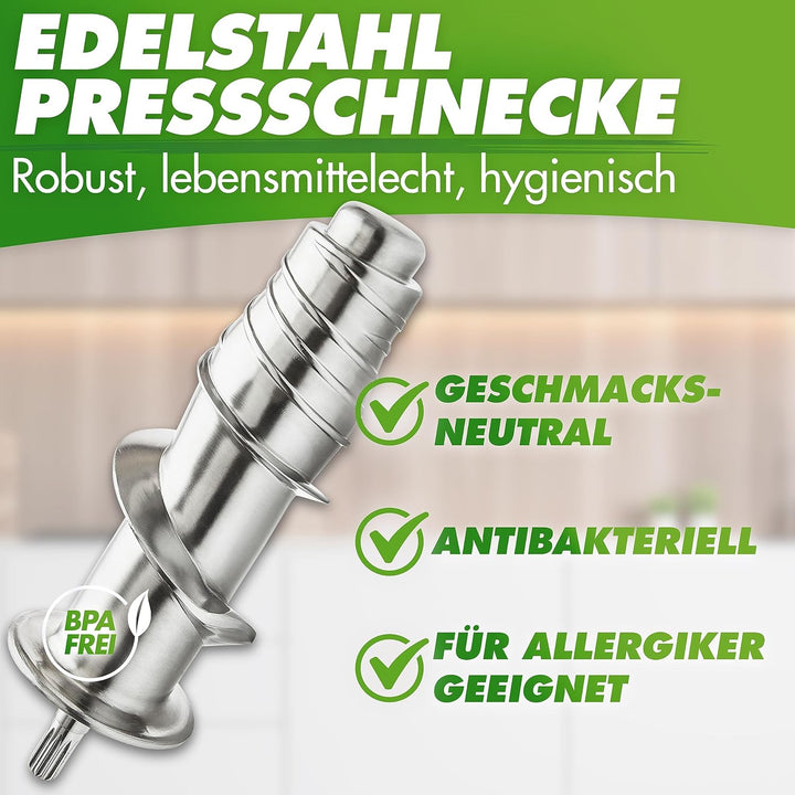 *Neuheit* GREEN-PRESS EDELSTAHL Slow Juicer mit Edelstahl Pressschnecke BPA-frei | Entsafter Selleri